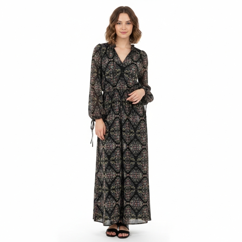 Lovestitch Black and Pink Floral Sheer Maxi Dress With Side Slits Size L